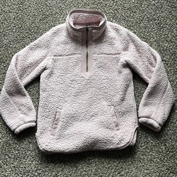 Abercrombie & Fitch Sweater Womens Medium White Pink Fleece Quarter Zip Pullover - Picture 1 of 5
